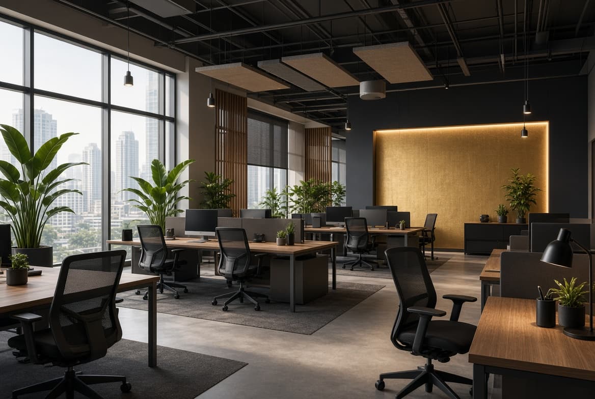 Ruang kantor modern dengan pencahayaan alami dan area kerja terbuka