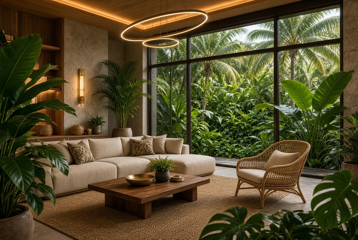 Ruang tamu dengan elemen biophilic design dan pencahayaan hangat